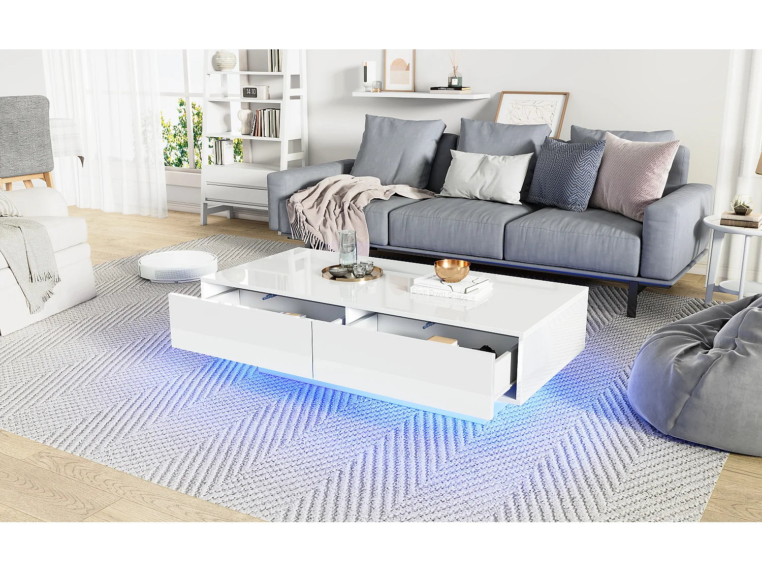 Moderne glanzende salontafel met 2 laden - 115 x 55 x 34 cm - LED's - Spaanplaat - Zwart