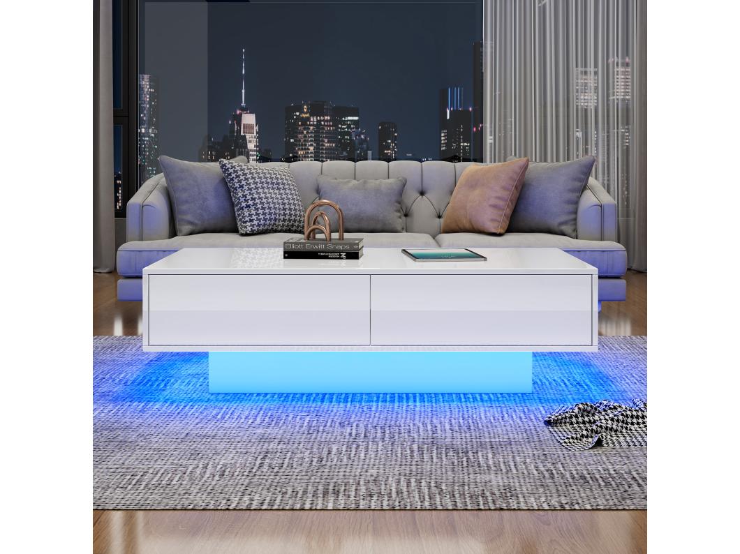 Nowoczesny stolik kawowy z połyskiem i 2 szufladami - 115 x 55 x 34 cm - diody LED - płyta wiórowa - czarny