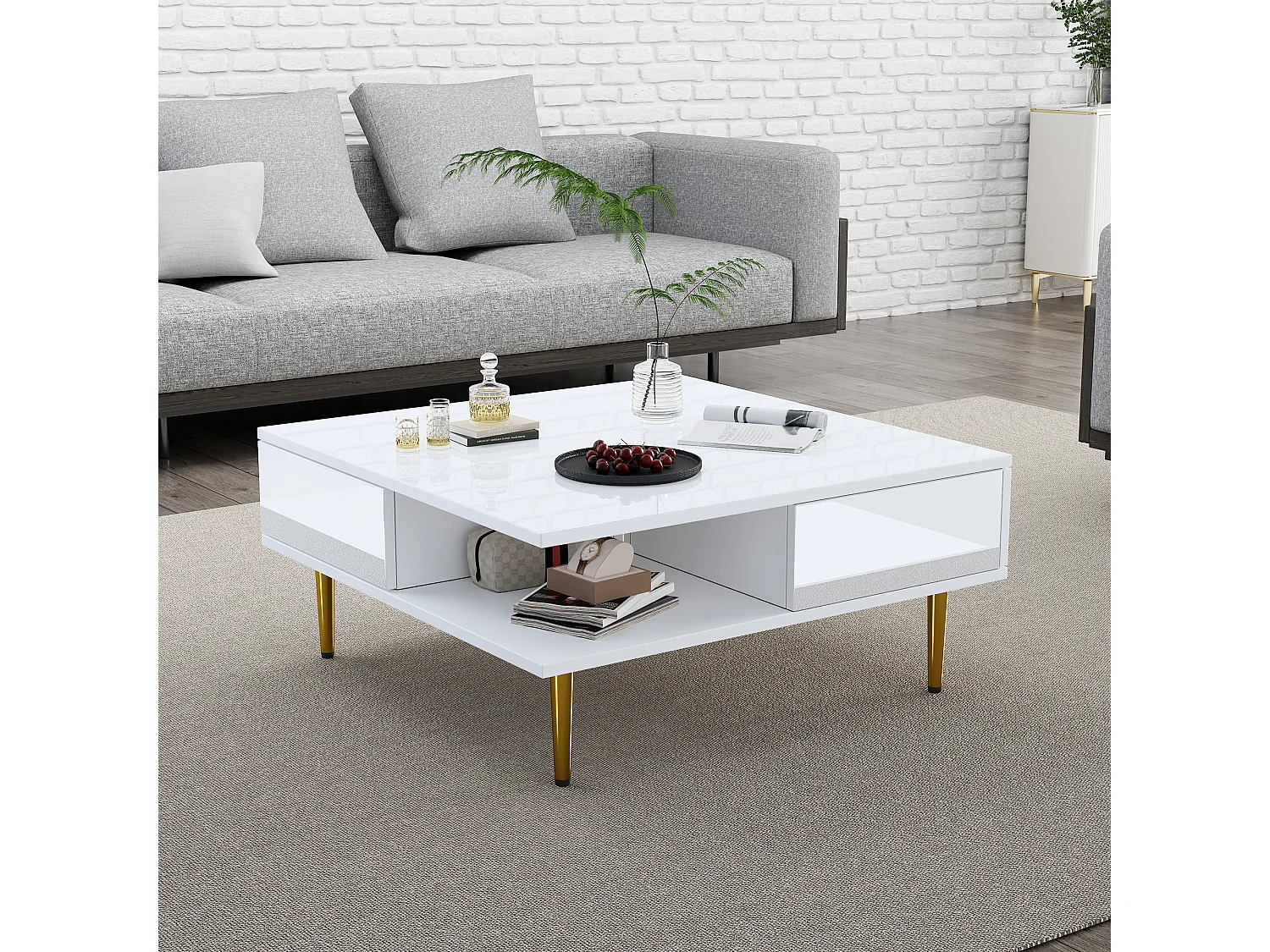 Mesa de centro cuadrada con 2 cajones y 2 compartimentos abiertos - 70 x 70 x 36 cm - Patas doradas - Blanco brillo