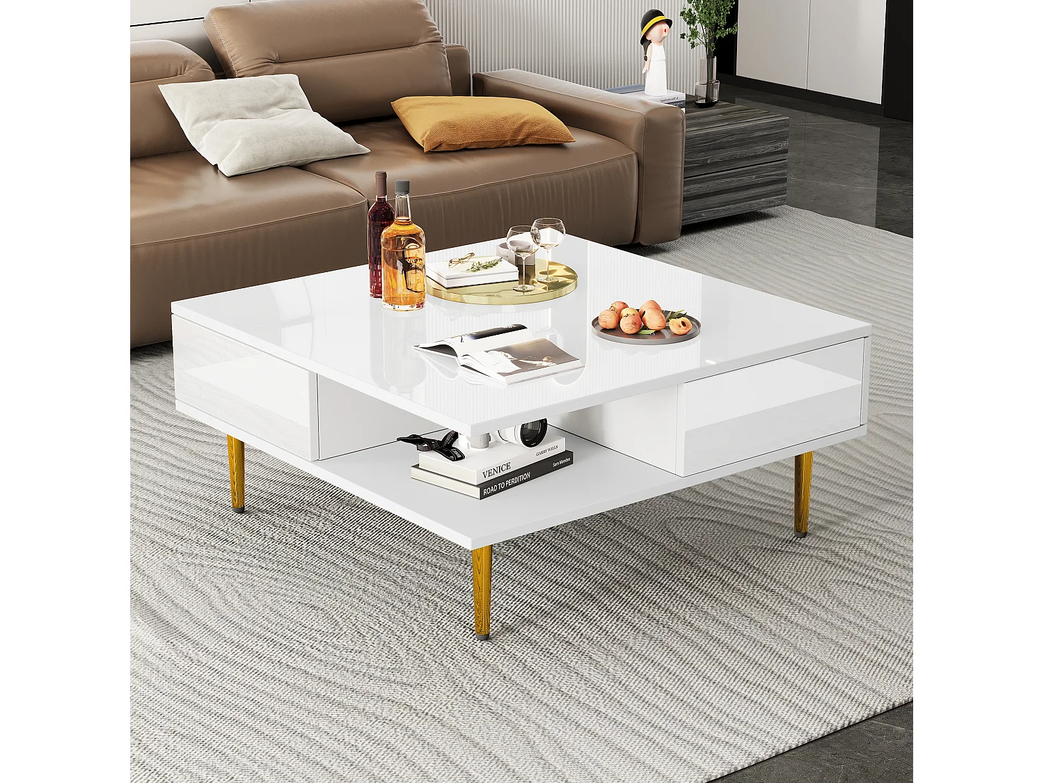 Mesa de centro cuadrada con 2 cajones y 2 compartimentos abiertos - 70 x 70 x 36 cm - Patas doradas - Blanco brillo