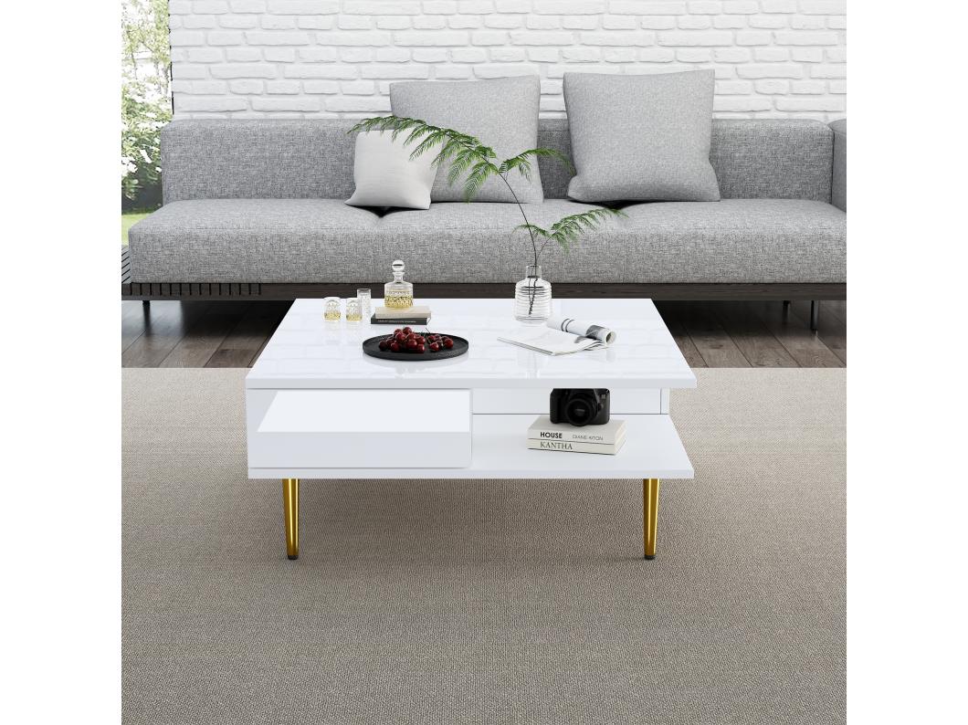 Stolik kawowy kwadratowy z 2 szufladami i 2 otwartymi przegrodami - 70 x 70 x 36 cm - Złote nogi - Lśniąca biel