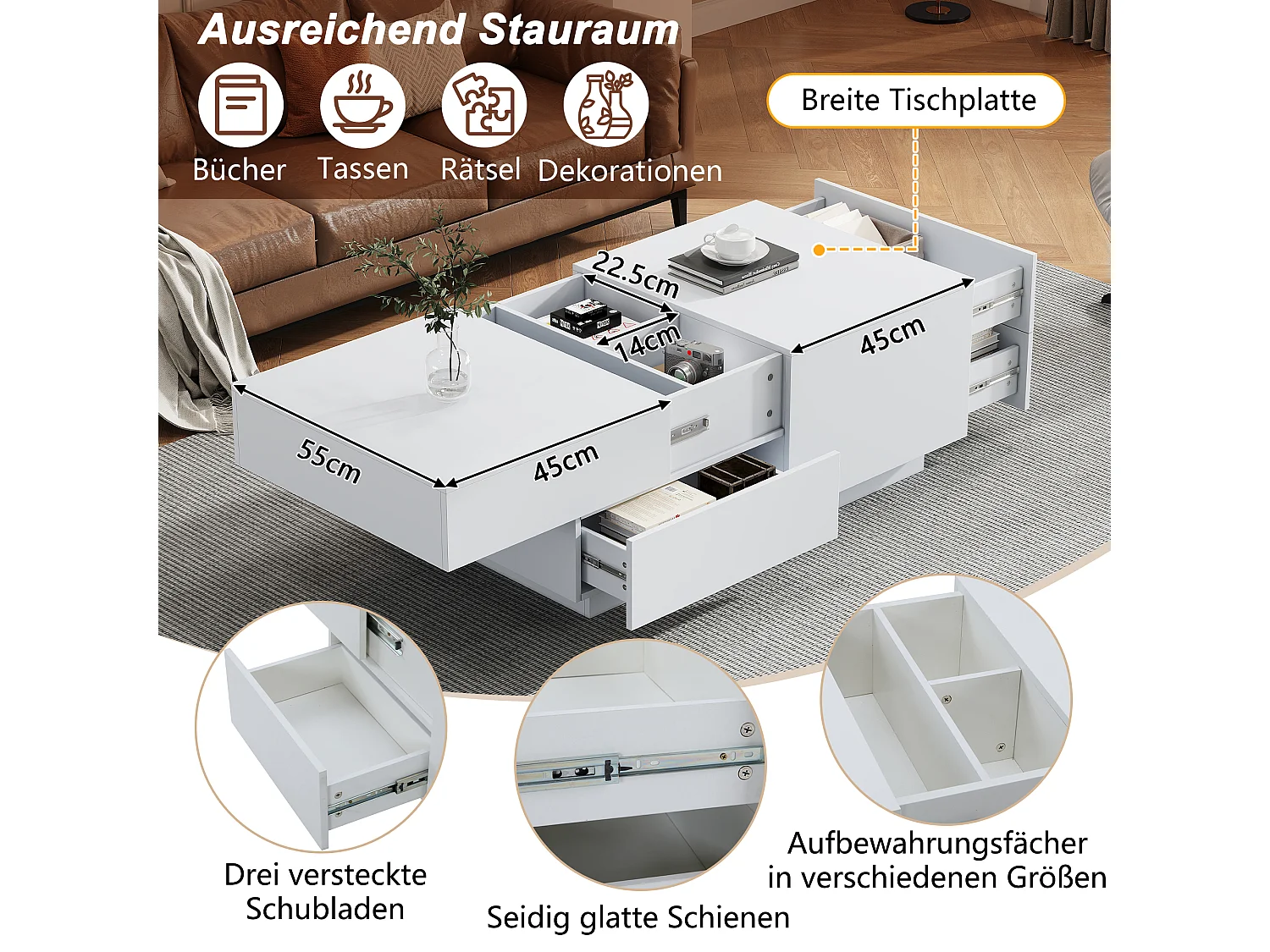 Salontafel met 4 lades - 90 x 55 x 45 cm - Schuifblad - Spaanplaat - Wit