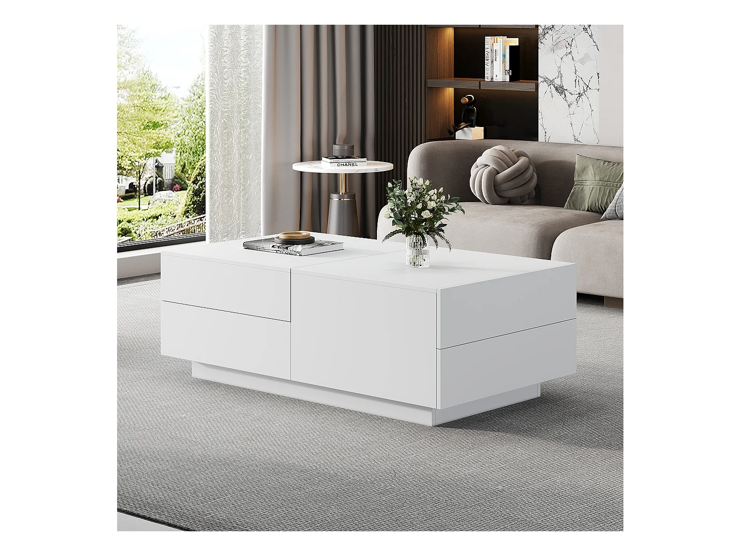 Table basse avec 4 tiroirs - 90 x 55 x 45 cm - Plateau coulissant - Panneaux de particules - Blanc