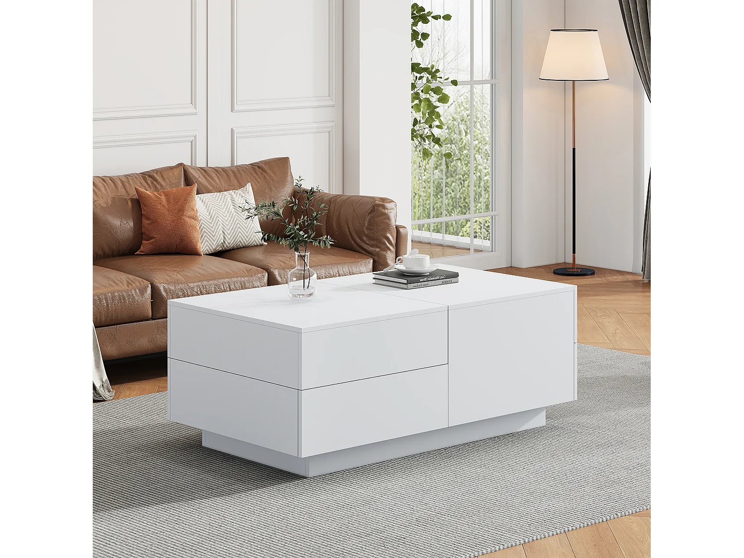 Table basse avec 4 tiroirs - 90 x 55 x 45 cm - Plateau coulissant - Panneaux de particules - Blanc