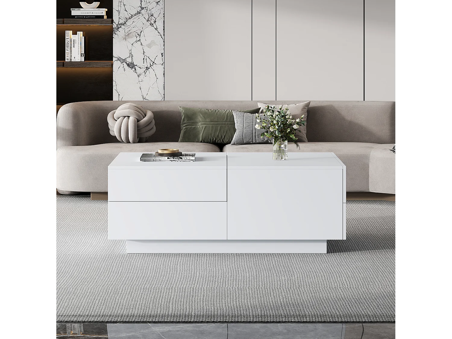 Table basse avec 4 tiroirs - 90 x 55 x 45 cm - Plateau coulissant - Panneaux de particules - Blanc