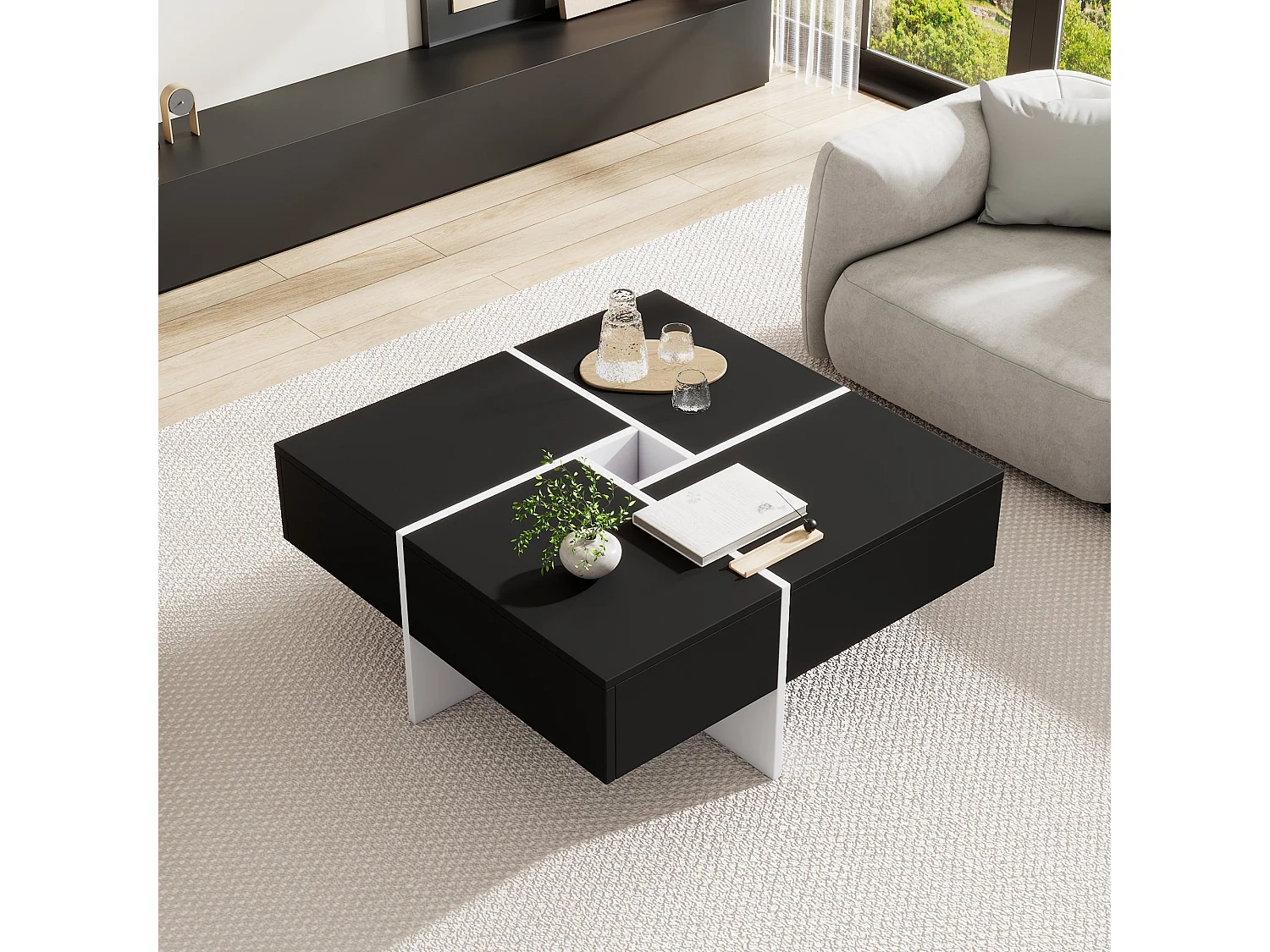 Table basse carrée avec rangement central, noire,d70cm×h35cm