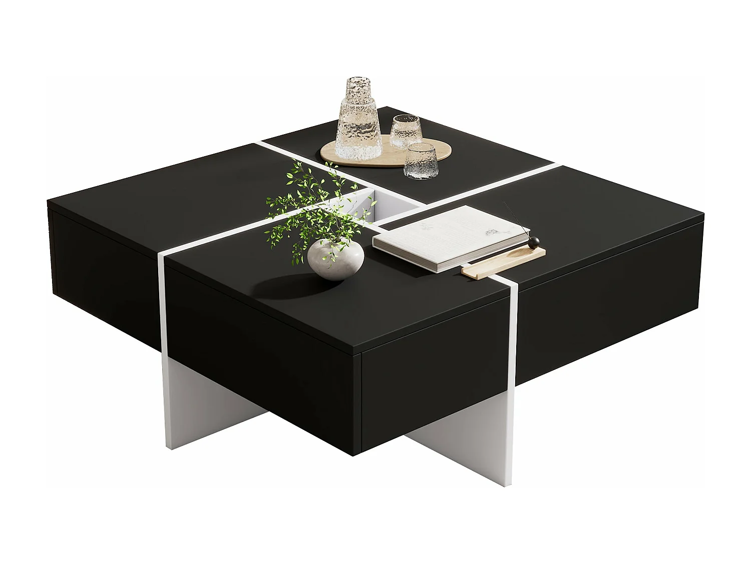Table basse carrée avec rangement central, noire,d70cm×h35cm