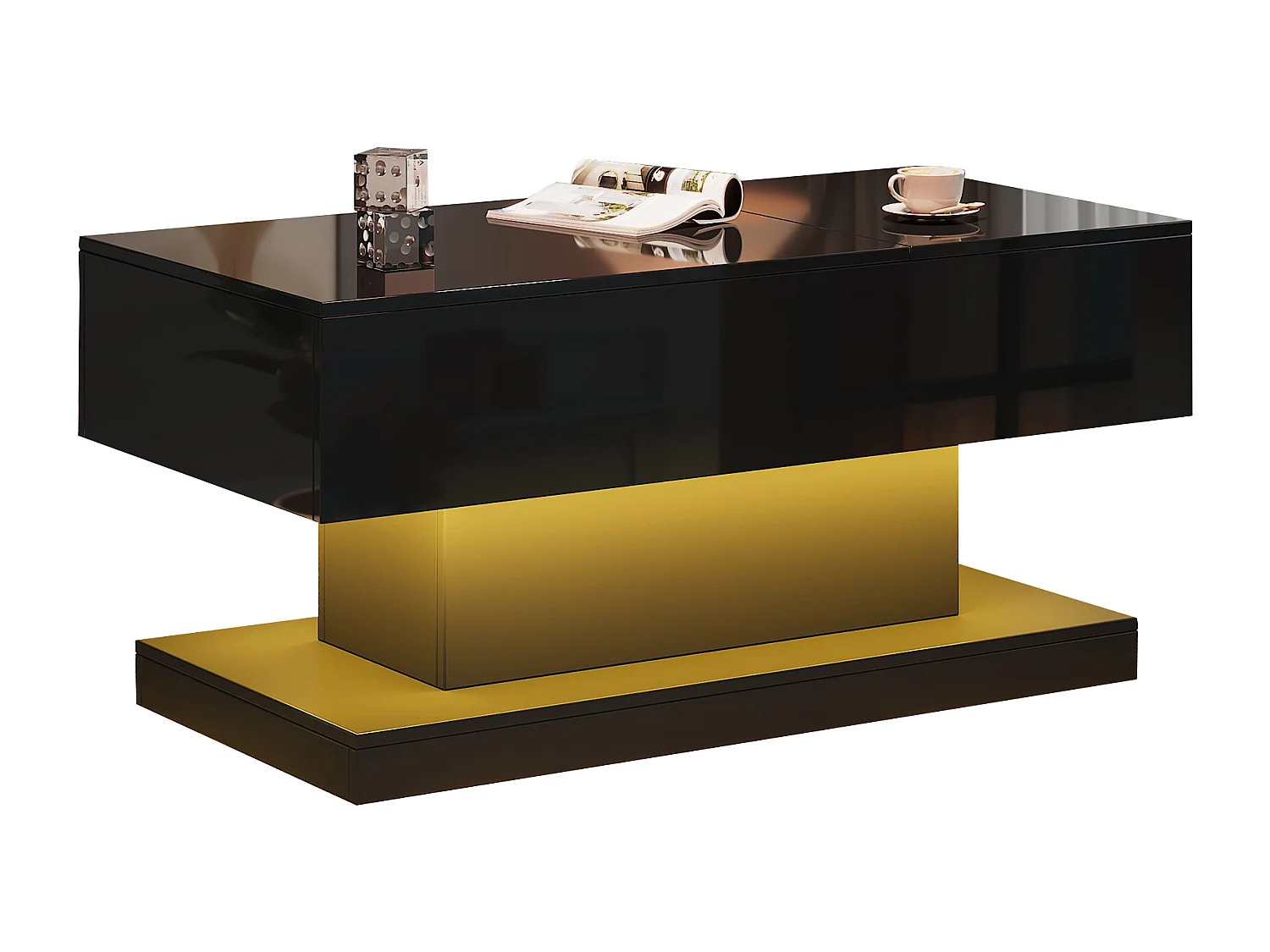 Couchtisch mit Hubplatte – 100 x 50 x 45 cm – LEDs – Spanplatte und Metall – glänzendes Schwarz