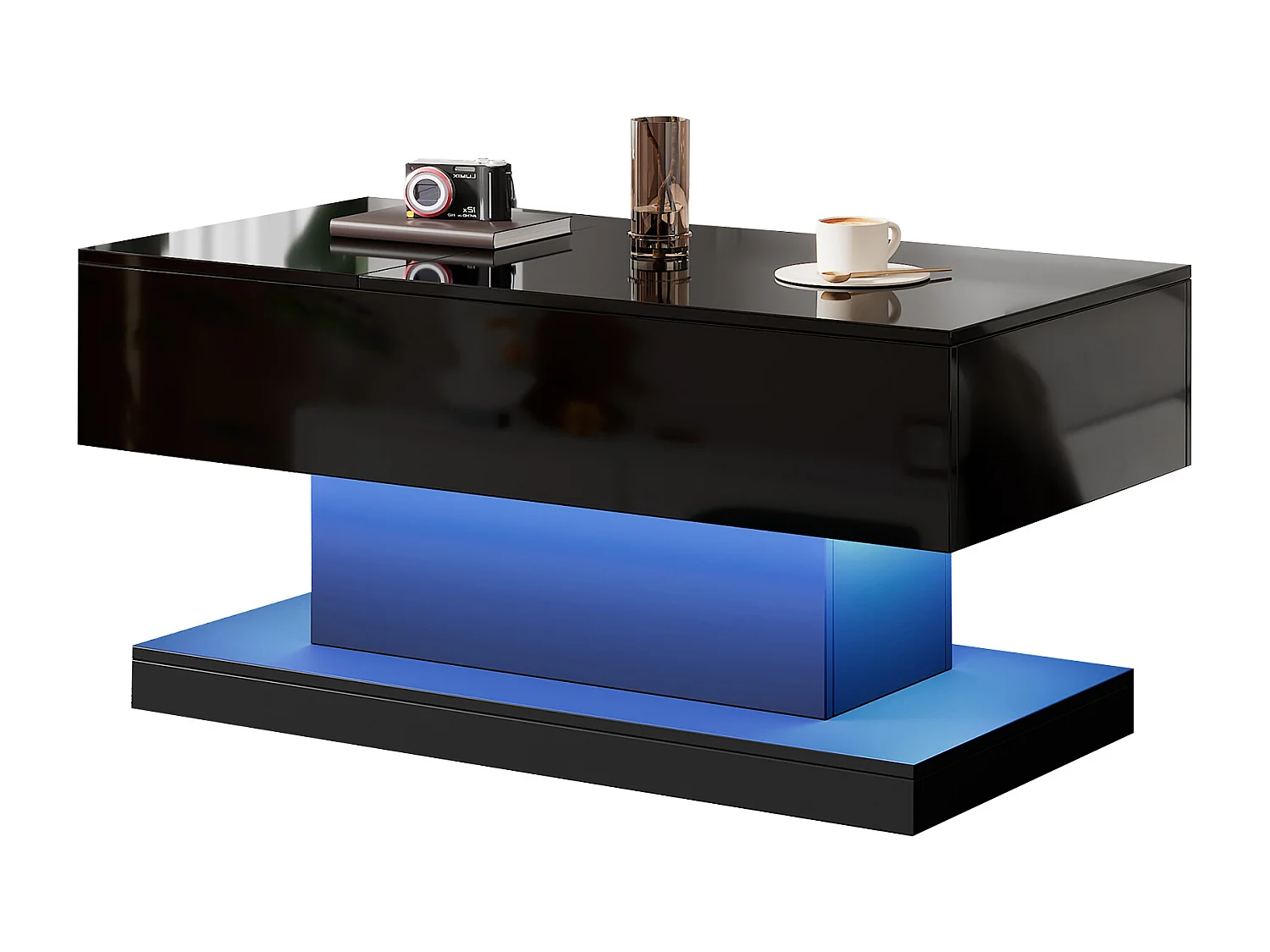 Salontafel met hefblad - 100 x 50 x 45 cm - LED's - Spaanplaat en metaal - Glanzend zwart