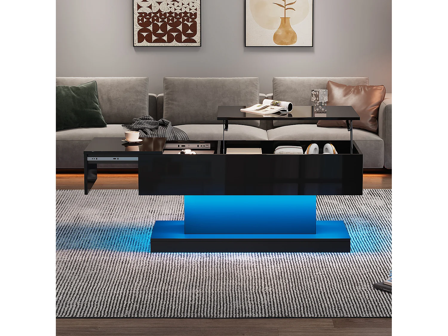 Salontafel met hefblad - 100 x 50 x 45 cm - LED's - Spaanplaat en metaal - Glanzend zwart