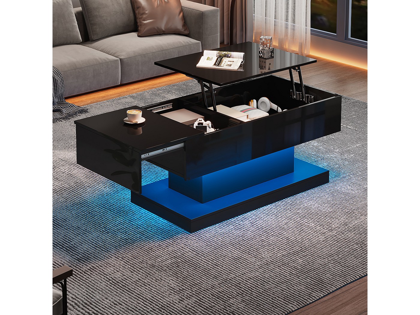 Table basse relevable laqué noire avec éclairage LED 100x50 cm SECRETION