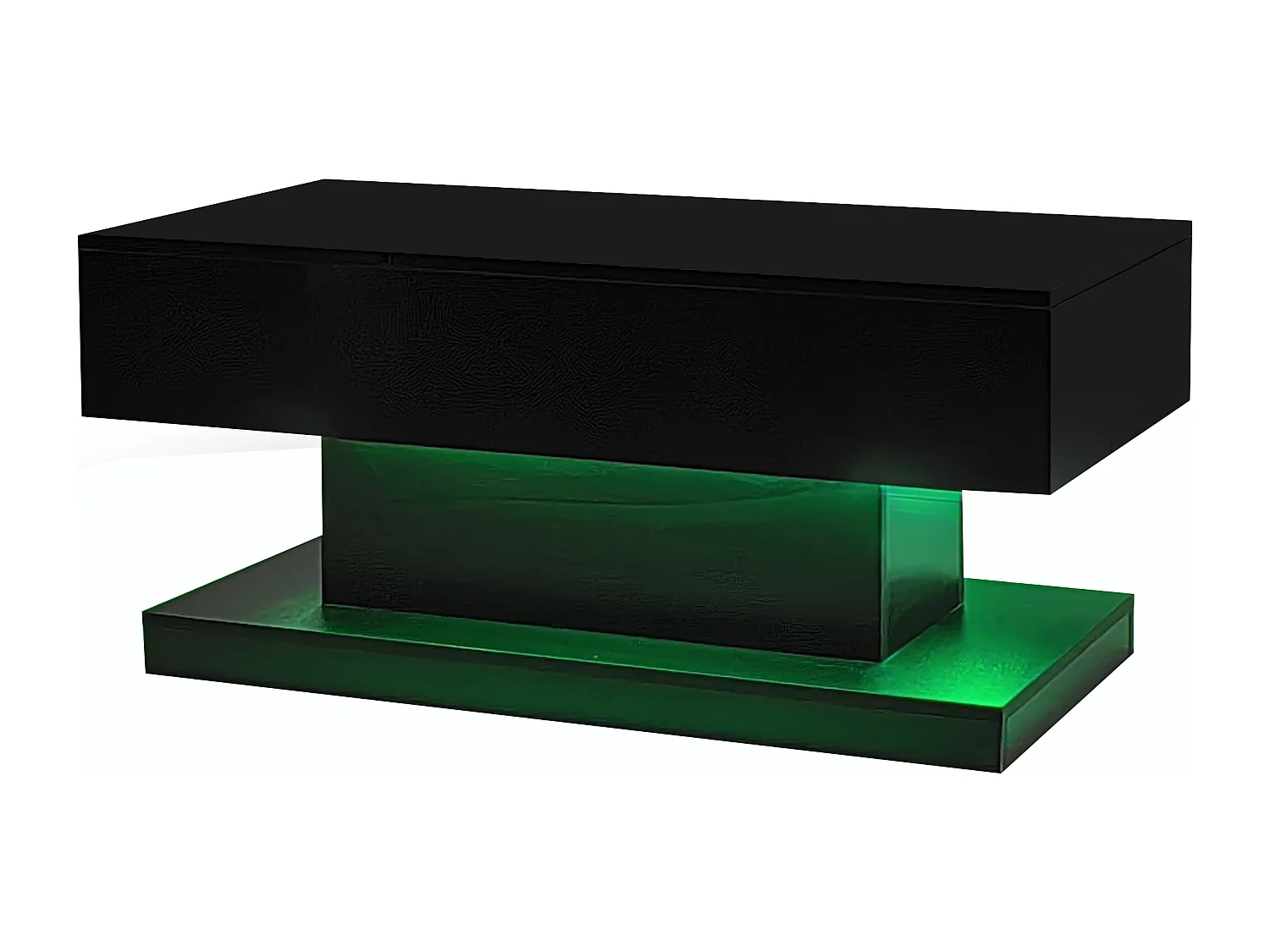 Couchtisch mit Hubplatte – 100 x 50 x 45 cm – LEDs – Spanplatte und Metall – glänzendes Schwarz