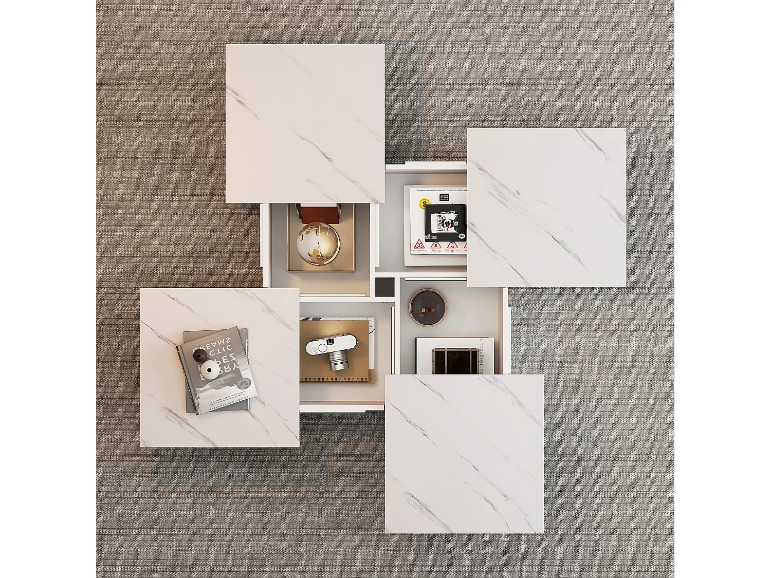 Table basse carrée avec 4 tiroirs - 90 x 90 x 25 cm - Plateau coulissant - Panneaux de particules - Blanc