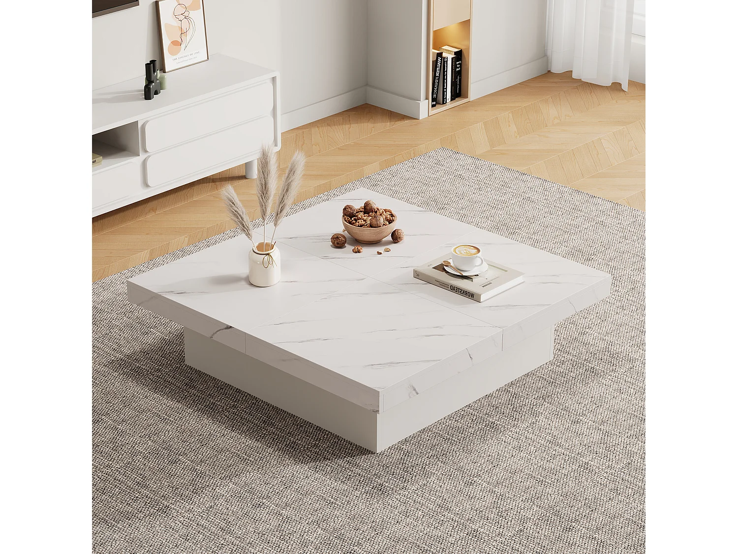 Table basse carrée avec 4 tiroirs - 90 x 90 x 25 cm - Plateau coulissant - Panneaux de particules - Blanc