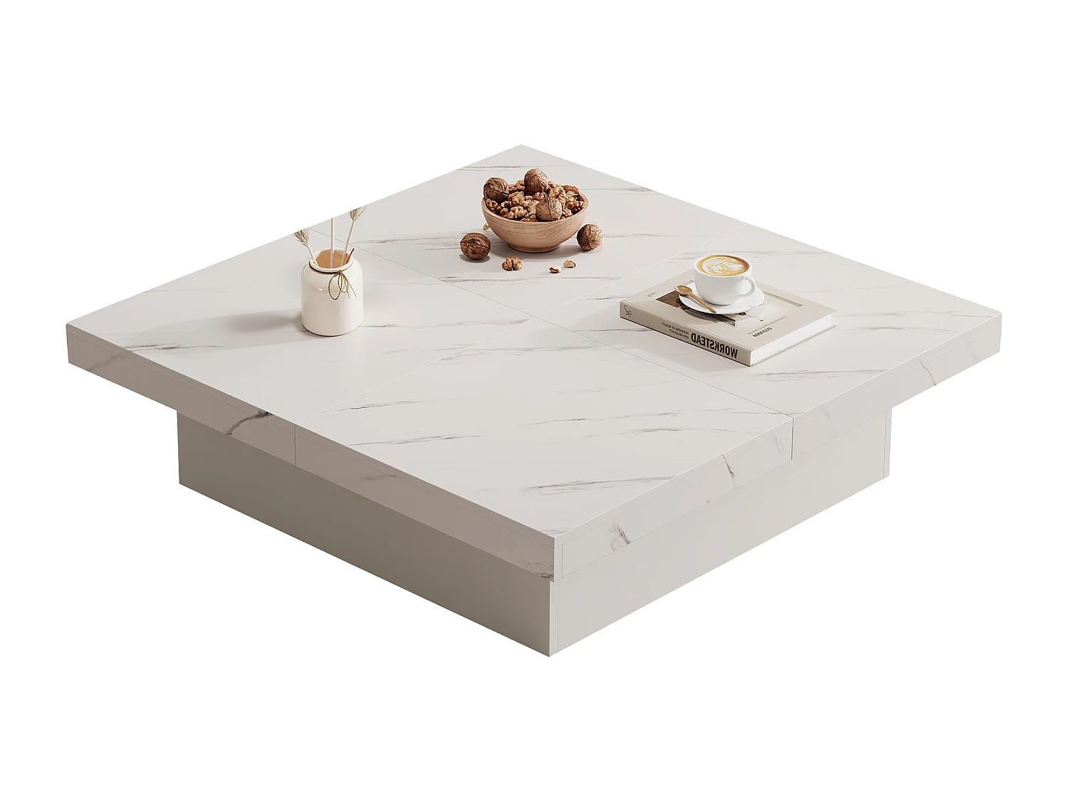 Table basse carrée avec 4 tiroirs - 90 x 90 x 25 cm - Plateau coulissant - Panneaux de particules - Blanc
