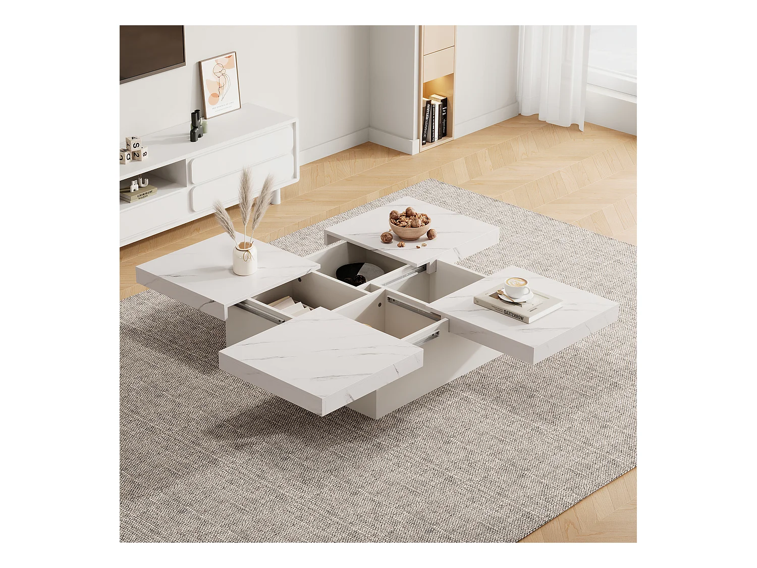 Quadratischer Couchtisch mit 4 Schubladen – 90 x 90 x 25 cm – verschiebbare Platte – Spanplatte – Weiß