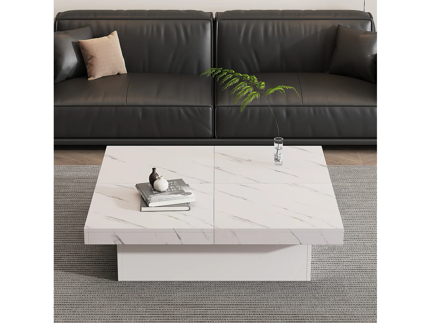 Table basse carrée avec 4 tiroirs - 90 x 90 x 25 cm - Plateau coulissant - Panneaux de particules - Blanc