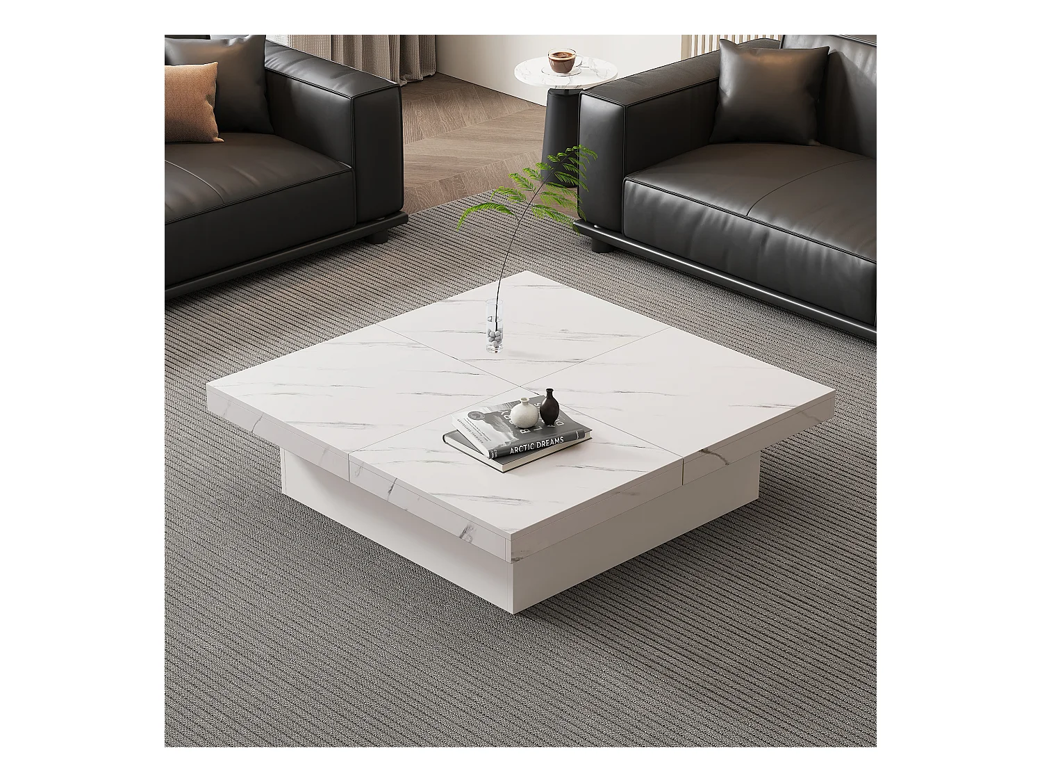 Table basse carrée avec 4 tiroirs - 90 x 90 x 25 cm - Plateau coulissant - Panneaux de particules - Blanc