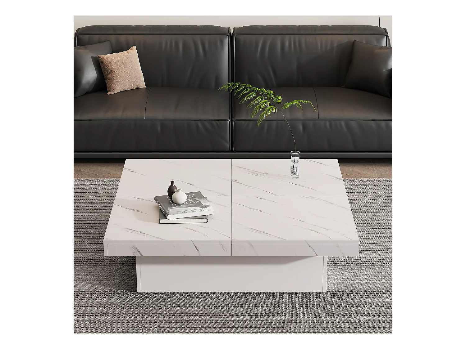 Table basse carrée avec 4 tiroirs - 90 x 90 x 25 cm - Plateau coulissant - Panneaux de particules - Blanc