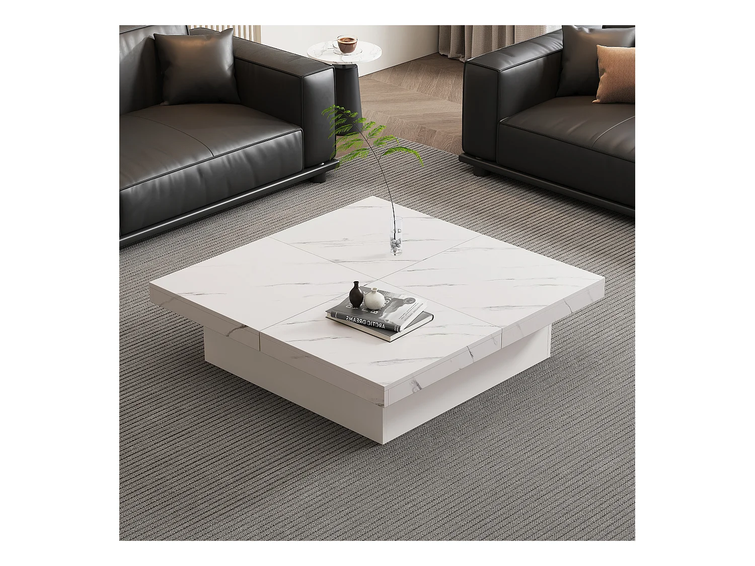 Table basse carrée avec 4 tiroirs - 90 x 90 x 25 cm - Plateau coulissant - Panneaux de particules - Blanc