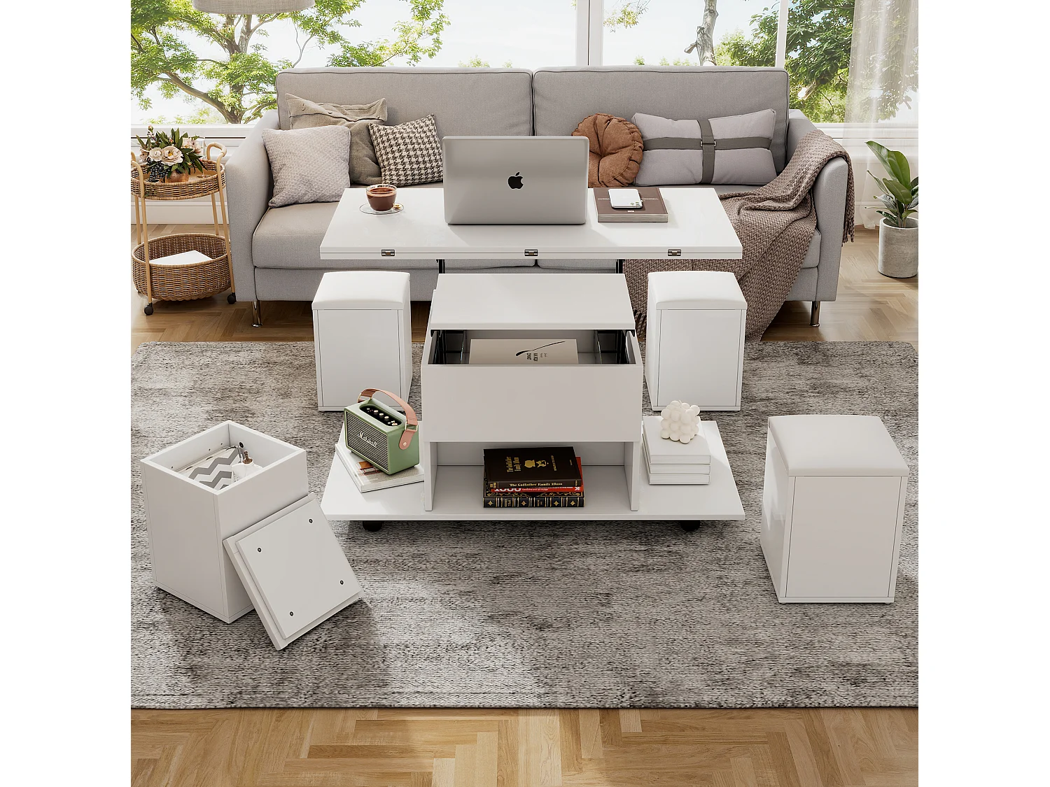 Tavolino sollevabile con 4 sgabelli e 2 tavolini - 100 x 50 x 48 cm - Truciolare - Bianco