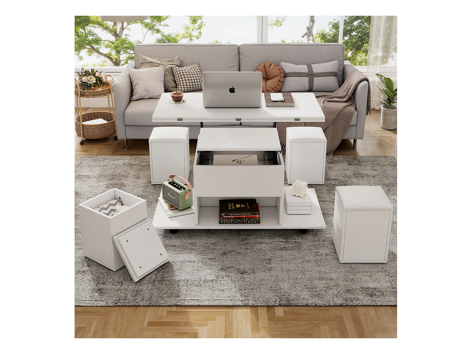 Table basse relevable avec 4 tabourets et 2 tables - 100 x 50 x 48 cm - Panneaux de particules - Blanc