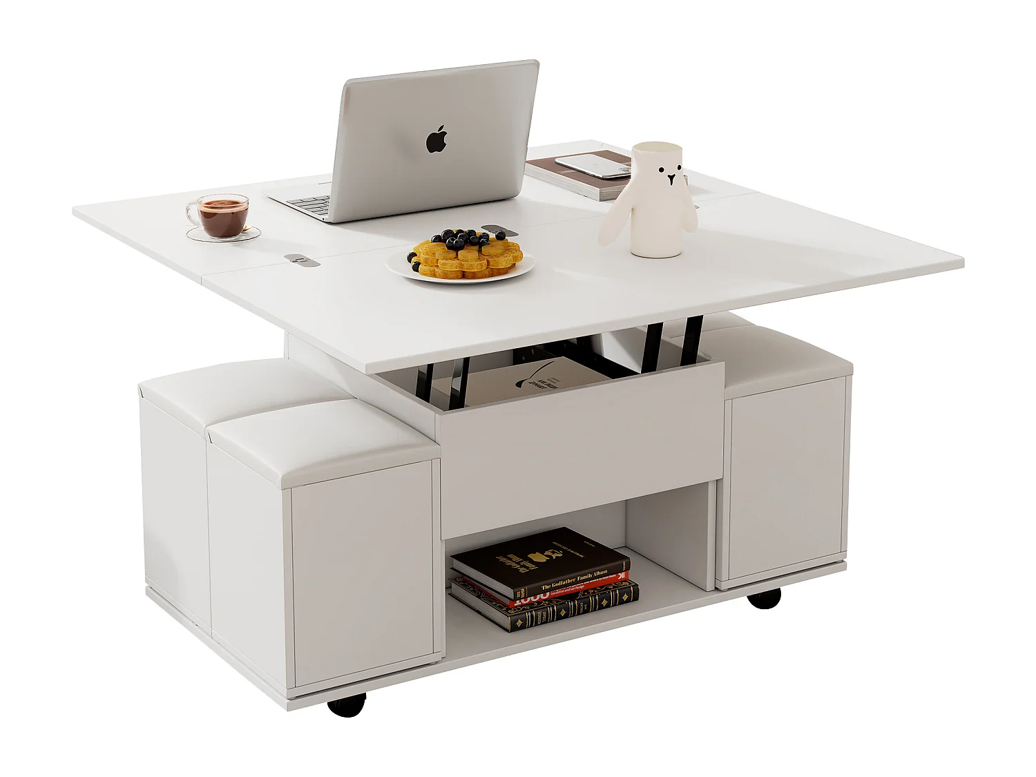 Tavolino sollevabile con 4 sgabelli e 2 tavolini - 100 x 50 x 48 cm - Truciolare - Bianco