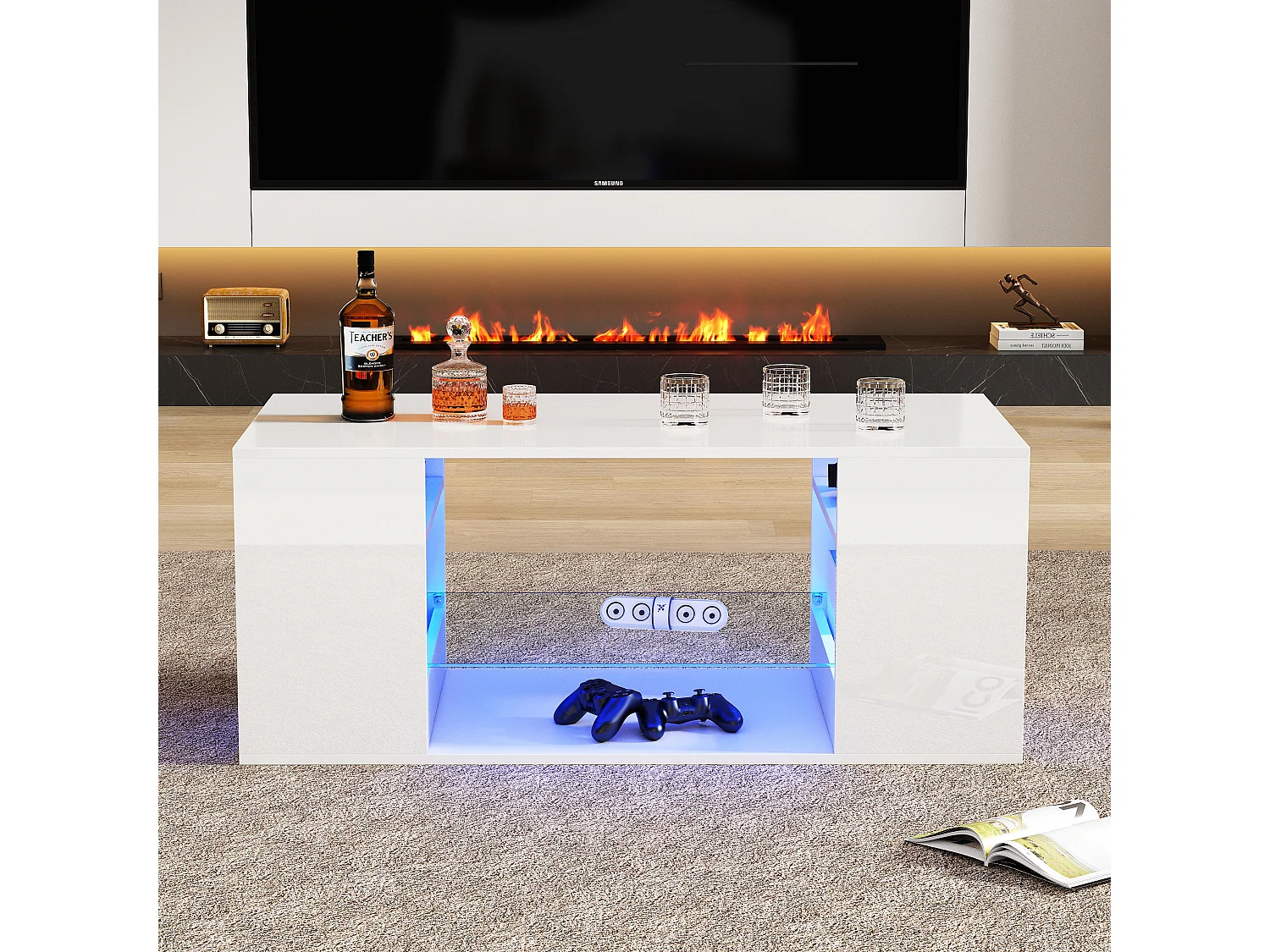Mesa de centro con 2 estantes - 96 x 45 x 45 cm - LED - Tablero de partículas y vidrio - Blanco brillo