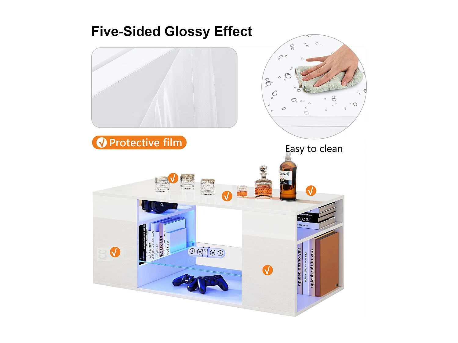 Mesa de centro con 2 estantes - 96 x 45 x 45 cm - LED - Tablero de partículas y vidrio - Blanco brillo