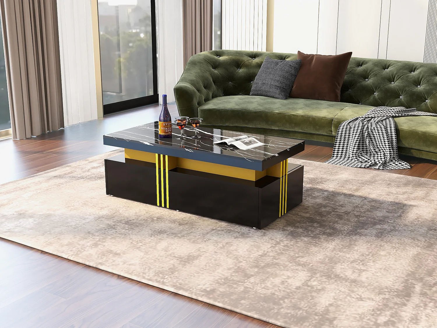 Rechteckiger Couchtisch mit 2 Schubladen – 100 x 50 x 40 cm – Spanplatte – Marmorplatte, für Wohnzimmer – Schwarz