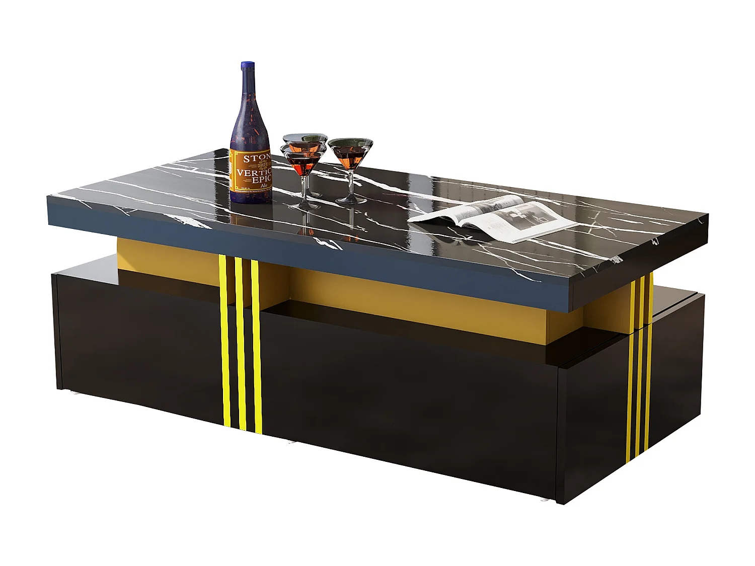 Rechteckiger Couchtisch mit 2 Schubladen – 100 x 50 x 40 cm – Spanplatte – Marmorplatte, für Wohnzimmer – Schwarz