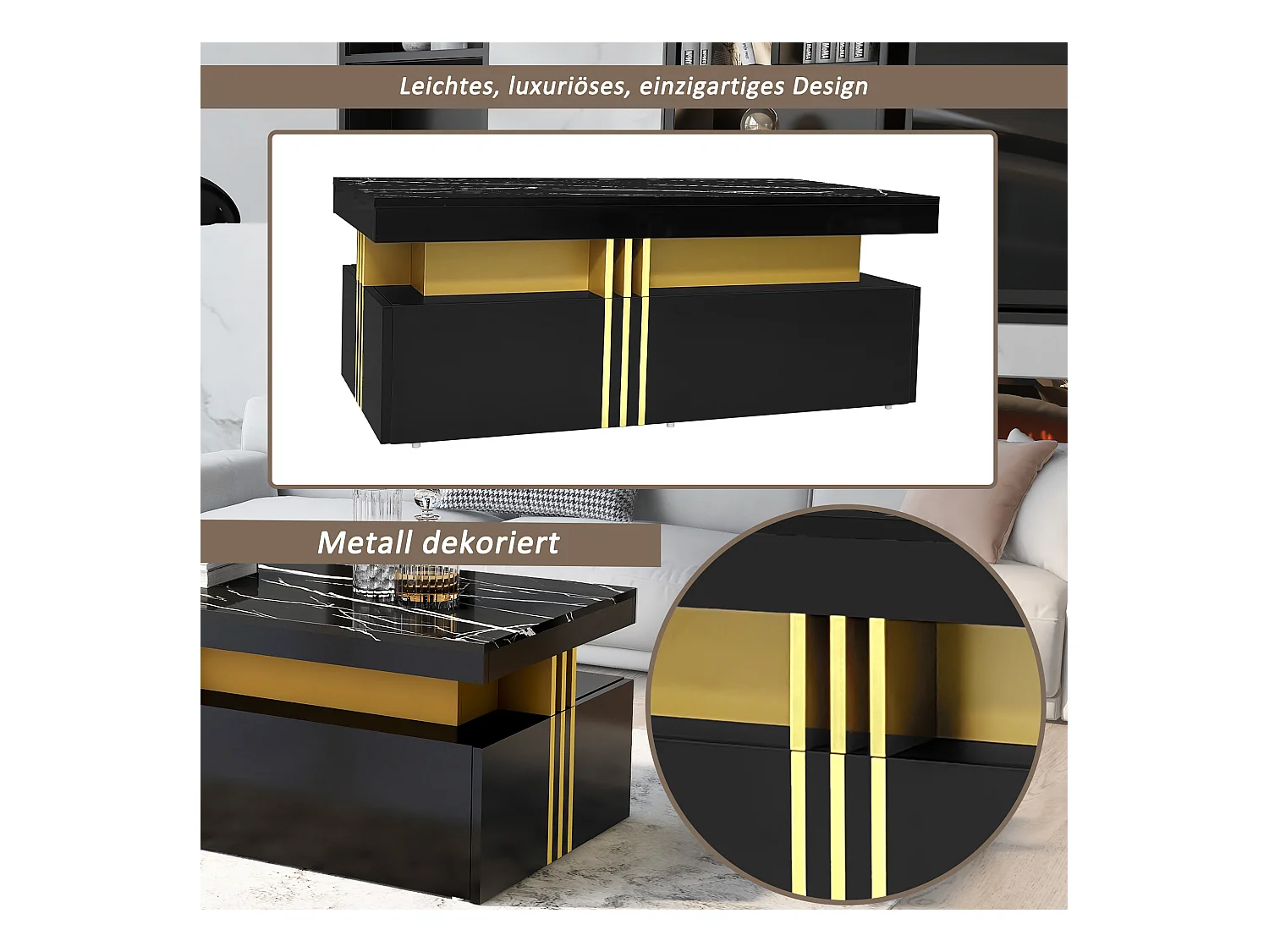 Rechthoekige salontafel met 2 laden - 100x50x40 cm - spaanplaat - gemarmerd blad, voor woonkamer - zwart