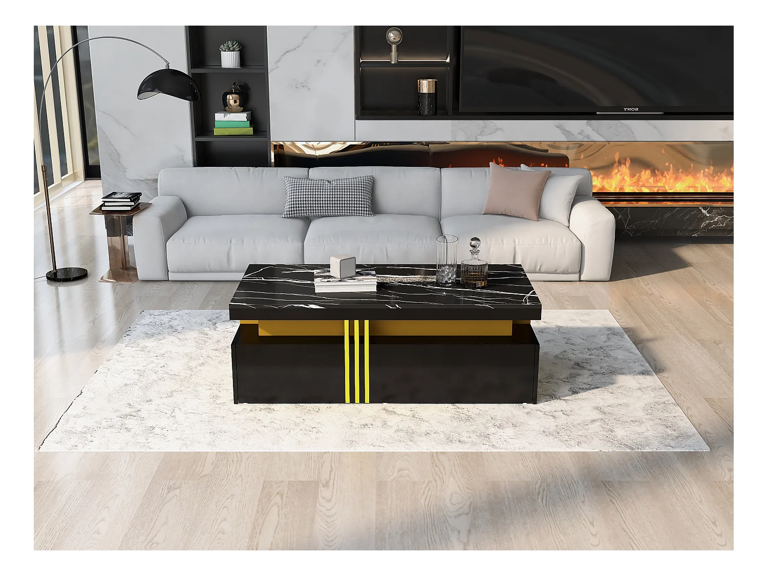 Rechthoekige salontafel met 2 laden - 100x50x40 cm - spaanplaat - gemarmerd blad, voor woonkamer - zwart