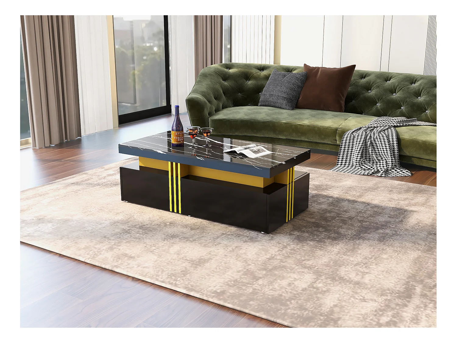 Rechthoekige salontafel met 2 laden - 100x50x40 cm - spaanplaat - gemarmerd blad, voor woonkamer - zwart