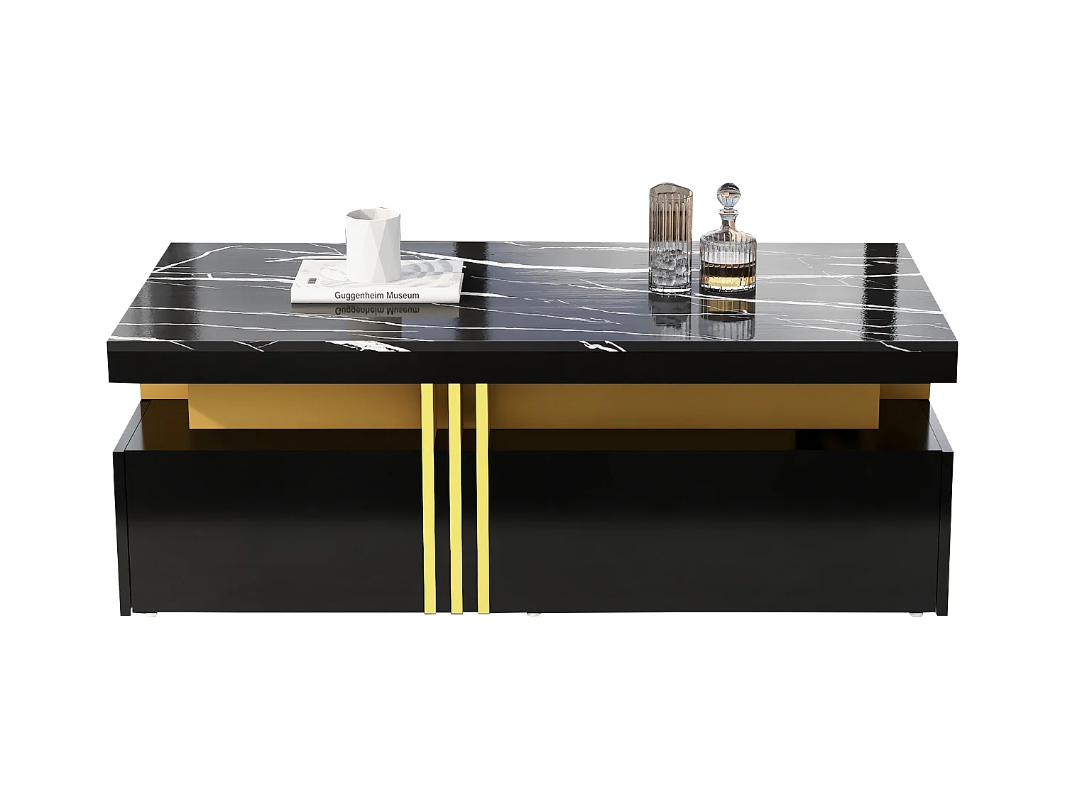 Rechthoekige salontafel met 2 laden - 100x50x40 cm - spaanplaat - gemarmerd blad, voor woonkamer - zwart