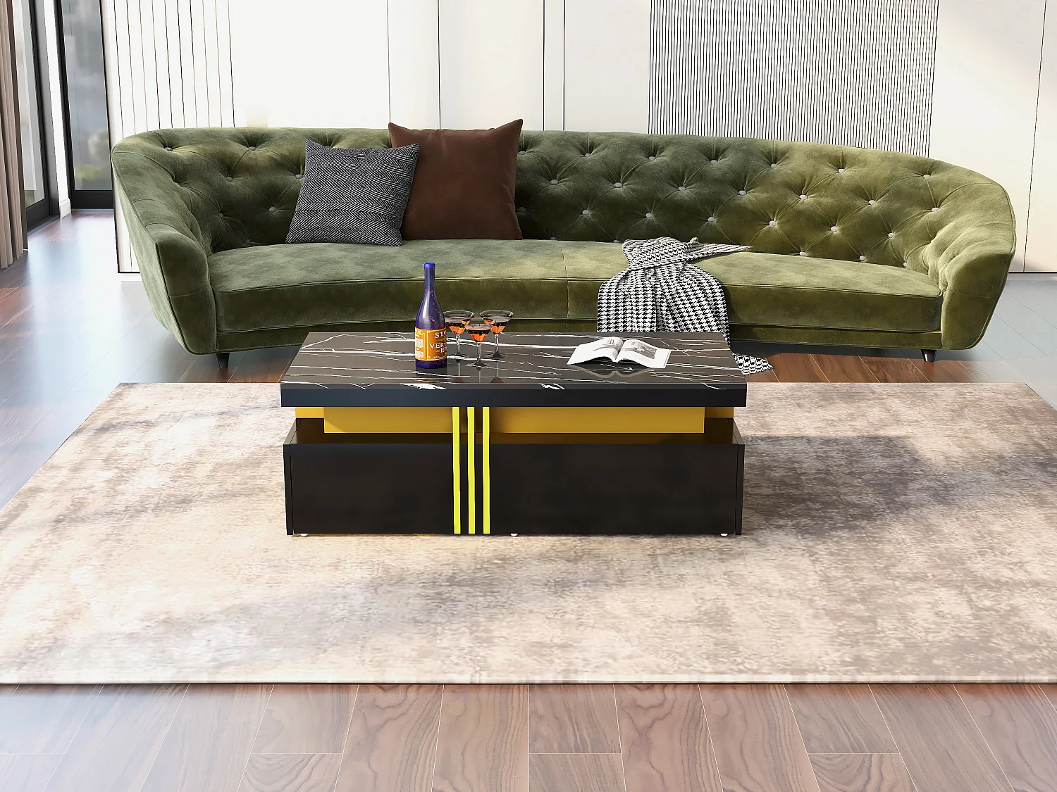 Tavolino rettangolare con 2 cassetti - 100x50x40 cm - pannelli di particelle - piano marmorizzato, per soggiorno - nero