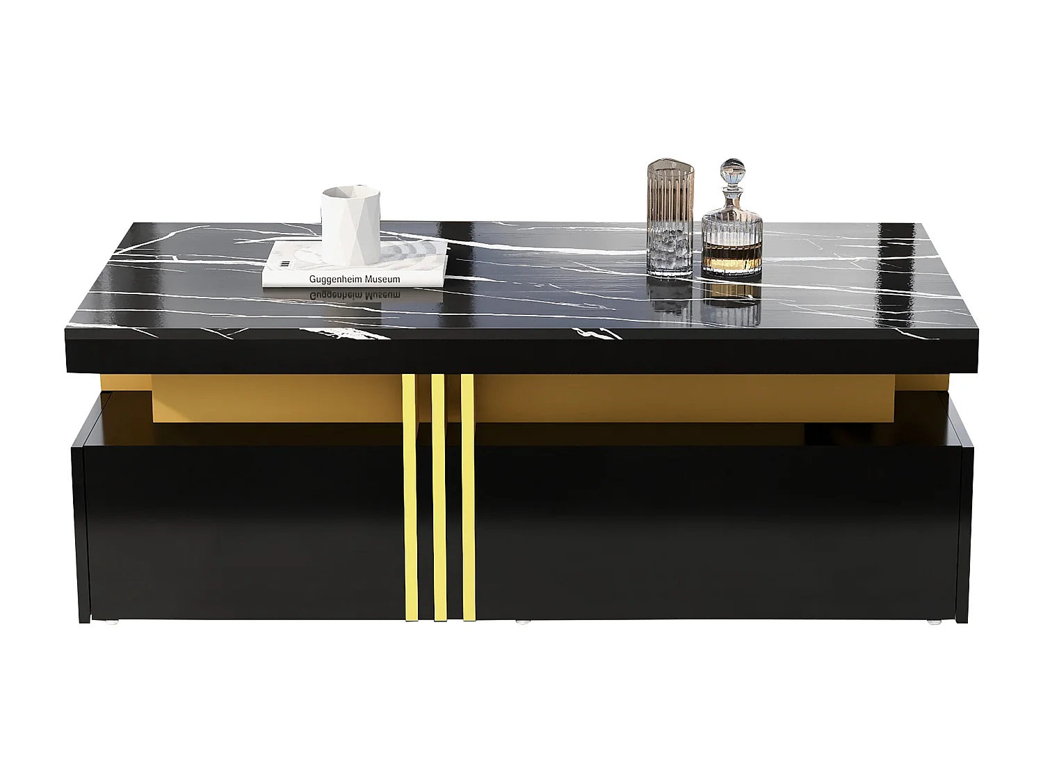 Tavolino rettangolare con 2 cassetti - 100x50x40 cm - pannelli di particelle - piano marmorizzato, per soggiorno - nero