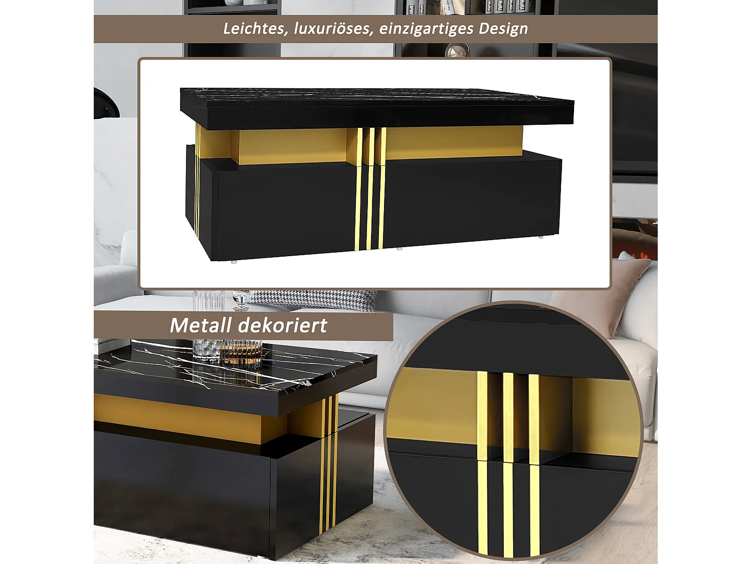 Tavolino rettangolare con 2 cassetti - 100x50x40 cm - pannelli di particelle - piano marmorizzato, per soggiorno - nero