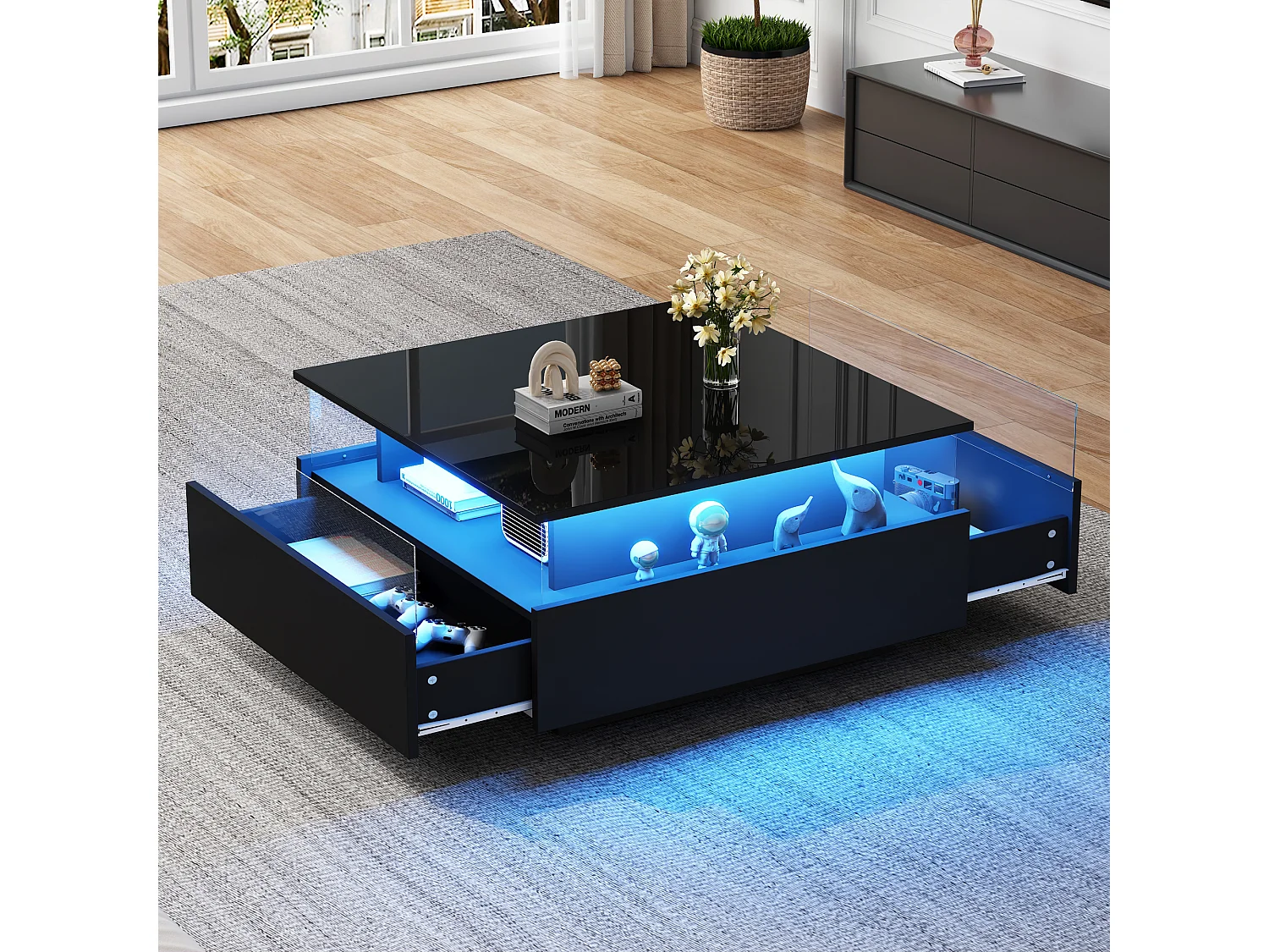 Moderner Couchtisch mit 2 Schubladen und transparentem Raum – 70 x 70 x 41 cm – LEDs – Spanplatte – glänzendes Schwarz