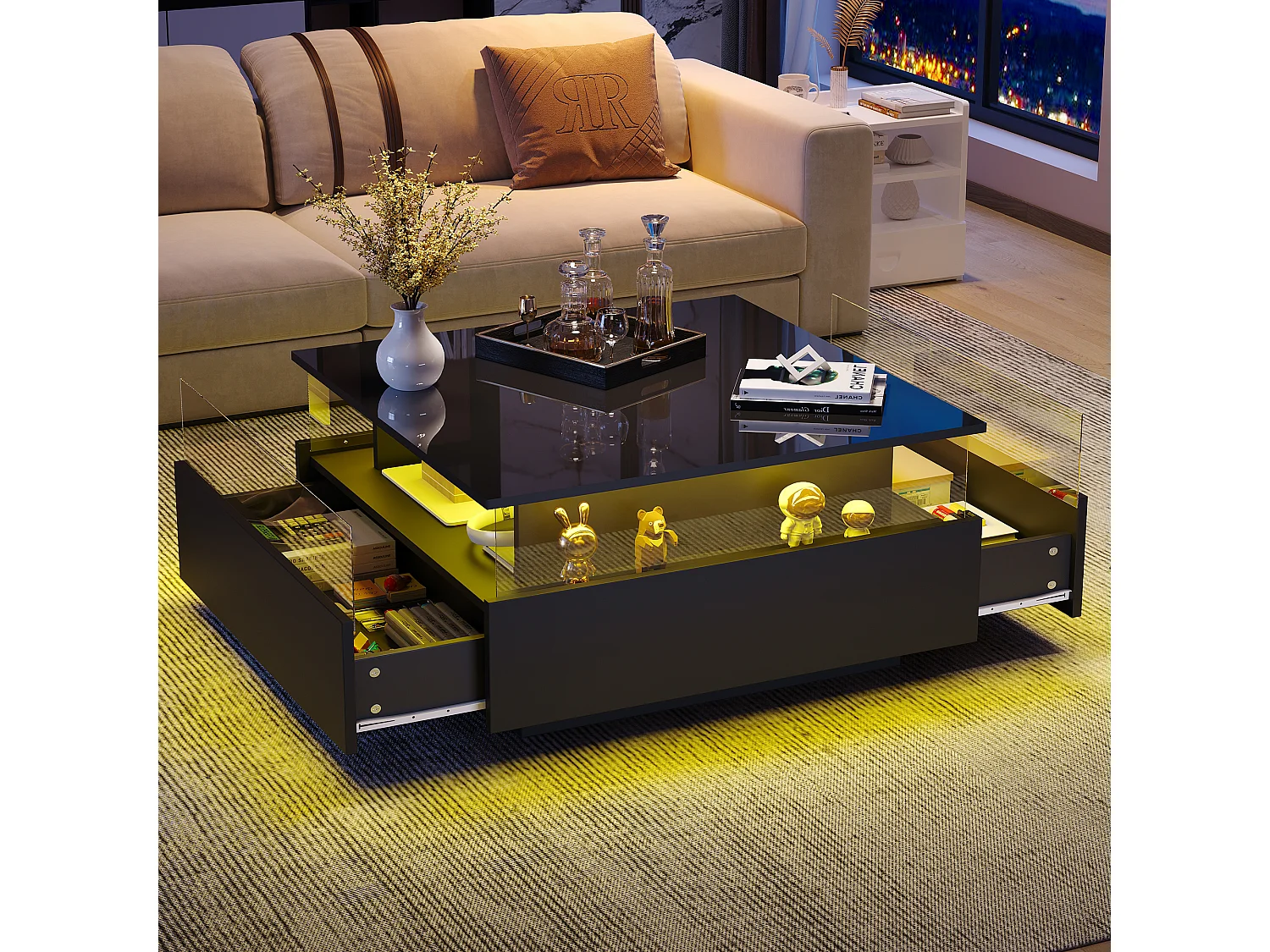 Moderner Couchtisch mit 2 Schubladen und transparentem Raum – 70 x 70 x 41 cm – LEDs – Spanplatte – glänzendes Schwarz