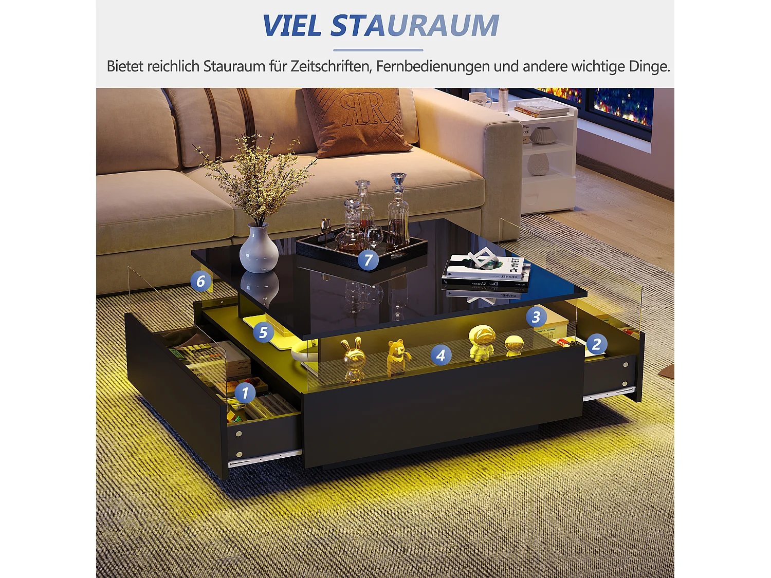 Moderner Couchtisch mit 2 Schubladen und transparentem Raum – 70 x 70 x 41 cm – LEDs – Spanplatte – glänzendes Schwarz