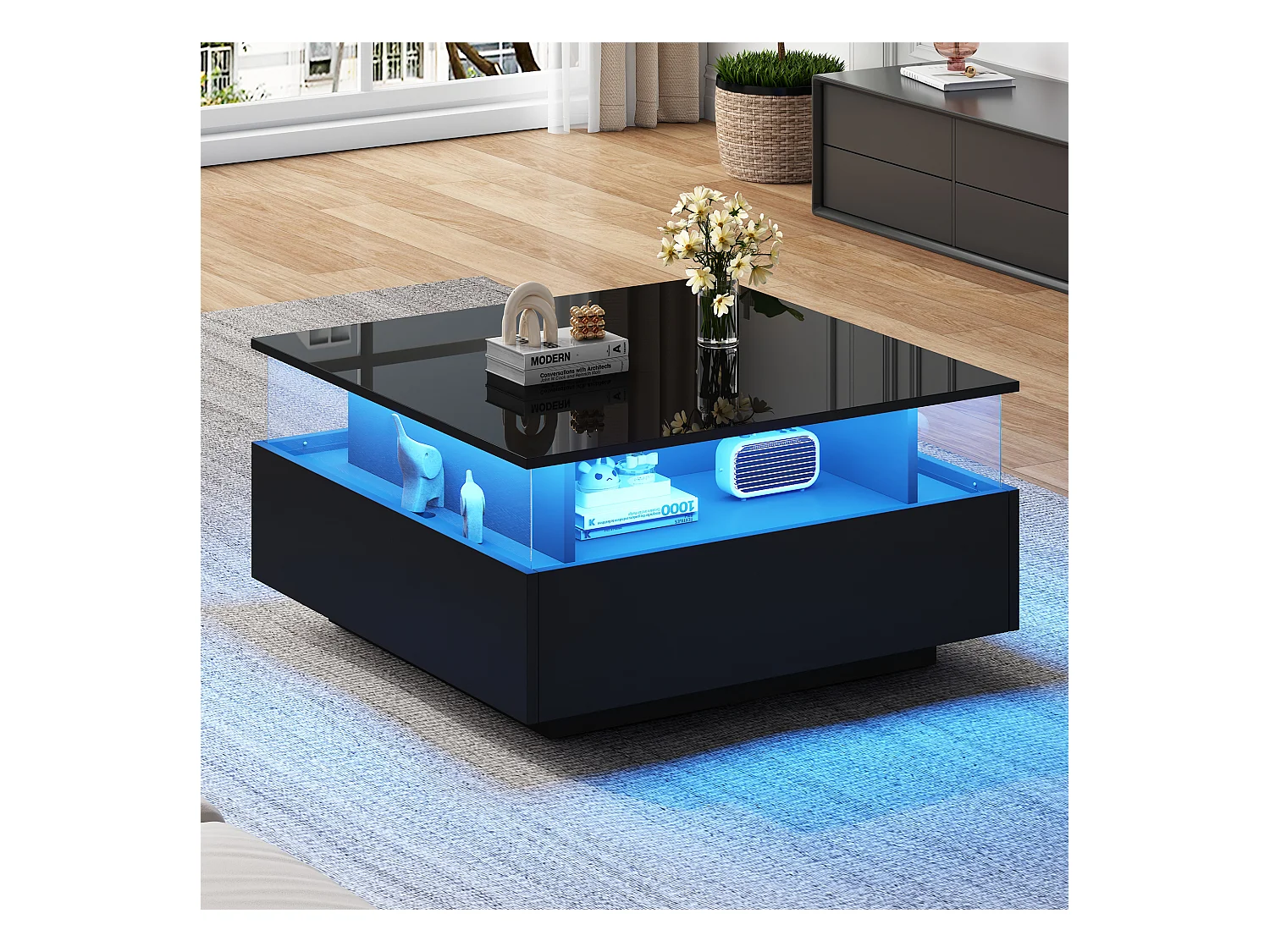 Moderner Couchtisch mit 2 Schubladen und transparentem Raum – 70 x 70 x 41 cm – LEDs – Spanplatte – glänzendes Schwarz
