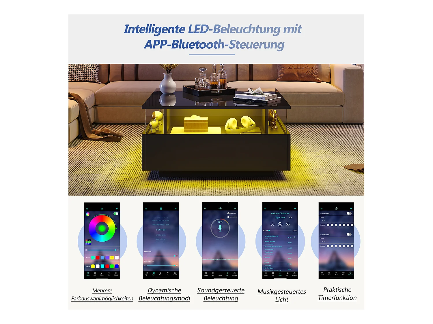 Moderne salontafel met 2 lades en transparante ruimte - 70 x 70 x 41 cm - LED's - Spaanplaat - Glanzend zwart
