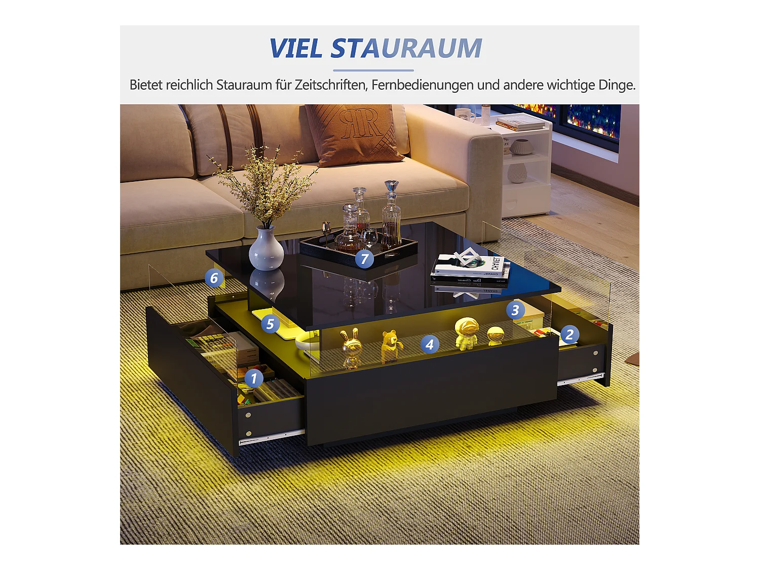 Moderne salontafel met 2 lades en transparante ruimte - 70 x 70 x 41 cm - LED's - Spaanplaat - Glanzend zwart