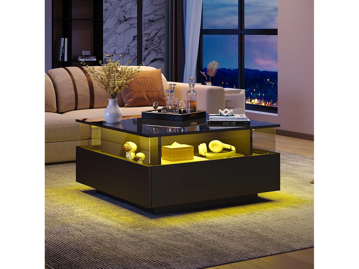 Moderne salontafel met 2 lades en transparante ruimte - 70 x 70 x 41 cm - LED's - Spaanplaat - Glanzend zwart