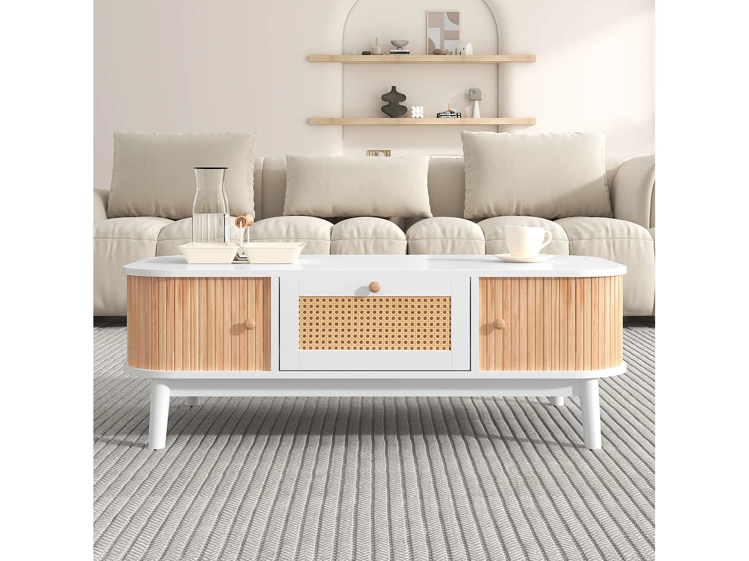 Table basse rustique en rotin, blanc,d110cm×h38.5cm