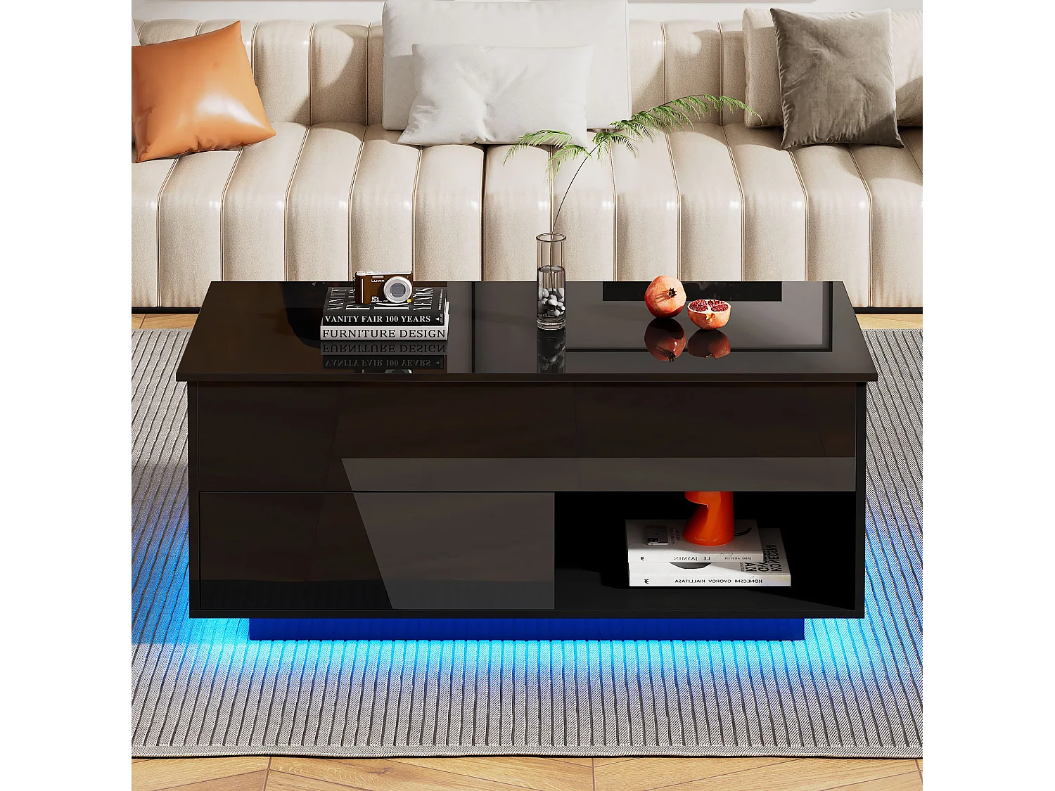 Anhebbarer Couchtisch mit 1 und 1 Nische – 100 x 70,5 x 45 cm – LEDs – Spanplatte – Schwarz glänzend