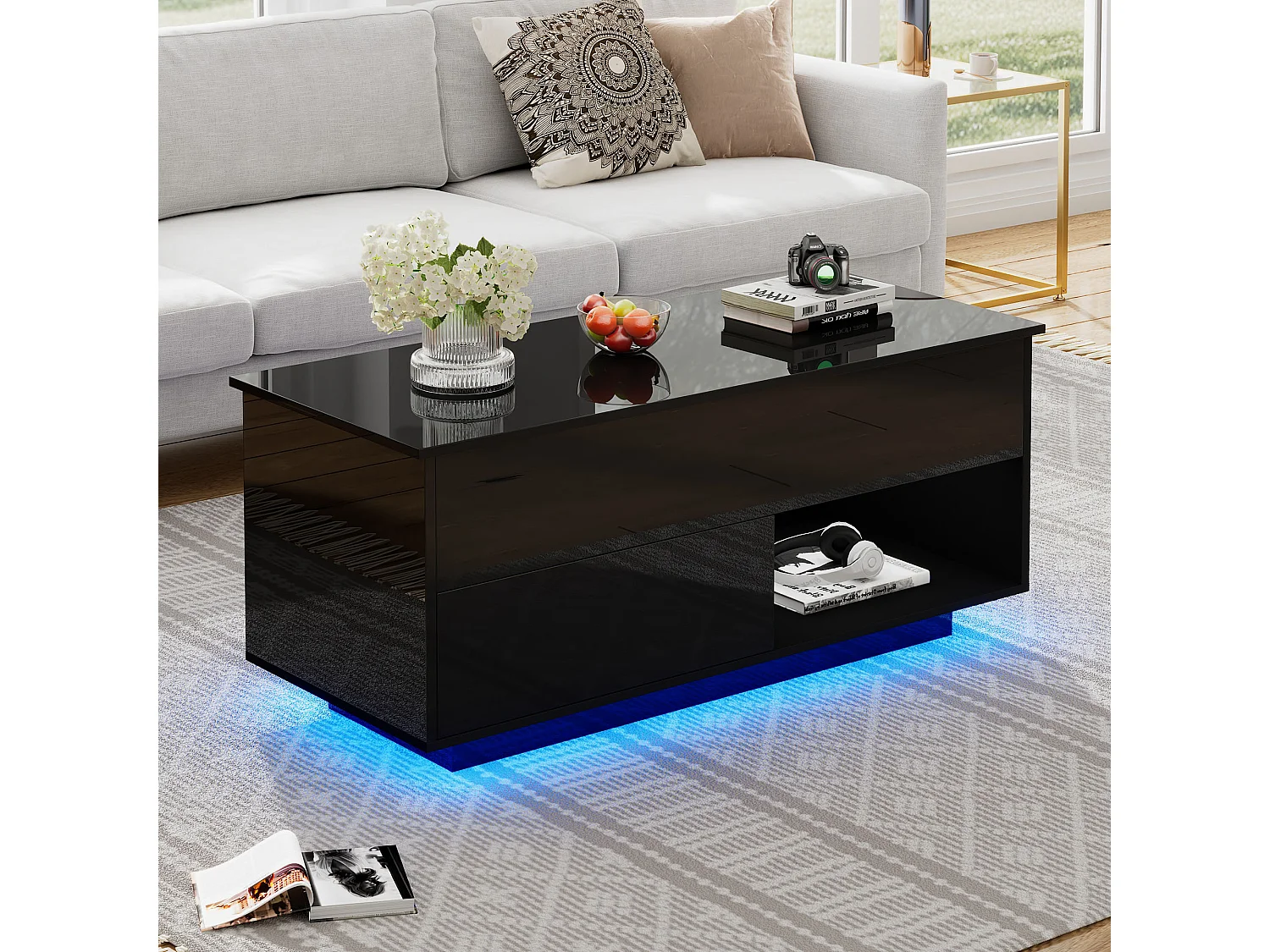 Anhebbarer Couchtisch mit 1 und 1 Nische – 100 x 70,5 x 45 cm – LEDs – Spanplatte – Schwarz glänzend