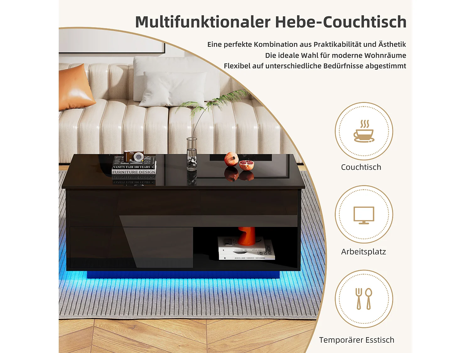 Anhebbarer Couchtisch mit 1 und 1 Nische – 100 x 70,5 x 45 cm – LEDs – Spanplatte – Schwarz glänzend