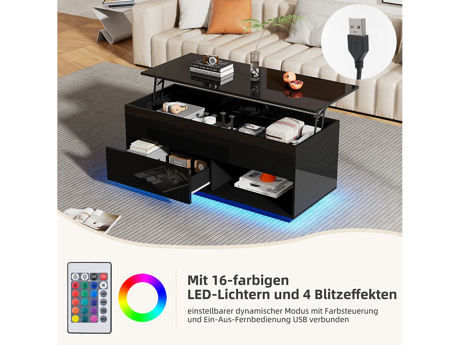 Anhebbarer Couchtisch mit 1 und 1 Nische – 100 x 70,5 x 45 cm – LEDs – Spanplatte – Schwarz glänzend